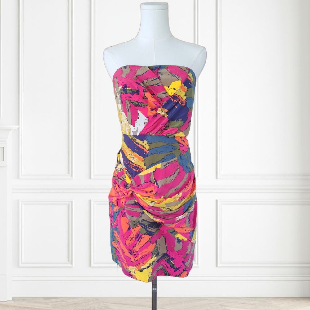 TIBI 100% Silk Strapless Mini Dress Abstract Print Ruched Sz 6 Pink Blue Luxe